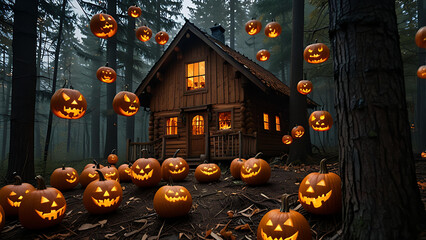 A swarm of flying jack-o'-lanterns attacking a small cabin in the woods, their mouths open with fire pouring out.