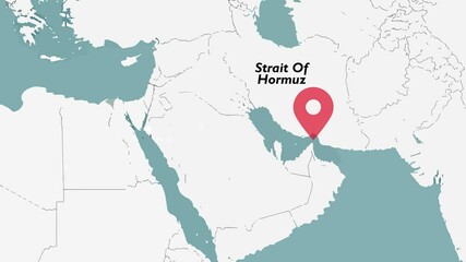 4K Vector map animation of the Middle East with Strait of Hormuz labeled and marked by a pulsing red location icon, clean animated style - Powered by Adobe