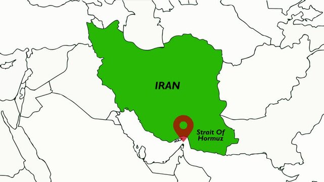 4K Animated vector map of the Middle East with Iran highlighted in green and pulsing location icon labeling the Strait of Hormuz