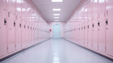 A vibrant view of a modern school hallway filled with pink lockers, capturing the lively atmosphere of an educational environment designed for creativity and student expression.