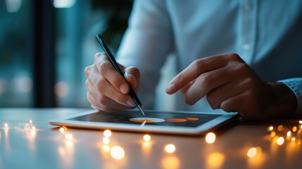 A focused view of hands engaging with a digital tablet, analyzing data and charts, symbolizing the integration of technology and decision-making in today’s professional landscape.