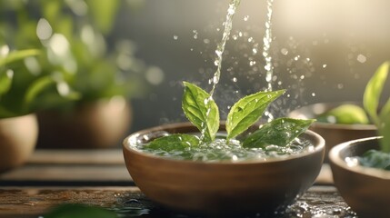 Fresh green tea leaves soak in bowls of crystal-clear water, symbolizing purity and rejuvenation, with droplets glistening in the light, emphasizing vitality.