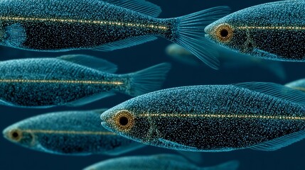 Bioluminescent signal coordination flashlight fish school at night light used for group navigation and hunting shown underwater