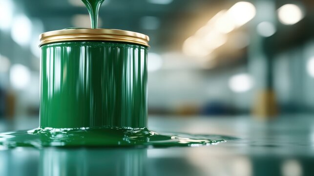 A vibrant green paint can spills over onto a glossy surface, creating an artistic composition that highlights color and fluidity in a creative space of inspiration.