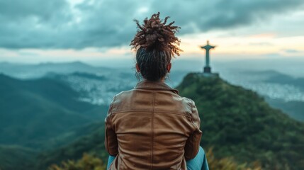 A woman with curly hair is seen from the back, peacefully contemplating a stunning view of a mountainous landscape with a towering statue in the distance.