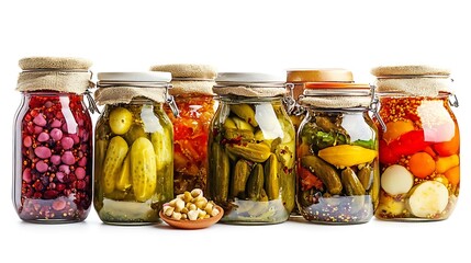 Glass jars with homemade pickled vegetables variety against white background, food preserve