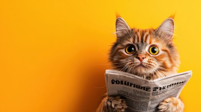 An adorable feline with wide eyes appears surprised while reading a newspaper, set against a vibrant yellow background that amplifies the humor and charm of this whimsical scene.