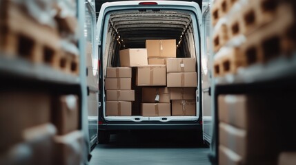 A van loaded with stacked cardboard boxes represents logistics and delivery, emphasizing efficiency and organization in modern freight transport environments.