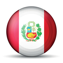 Obraz premium Glass light ball with flag of Peru. Round sphere, template icon. Peruvian islands national symbol. Glossy realistic ball, 3D abstract vector illustration. Big bubble.