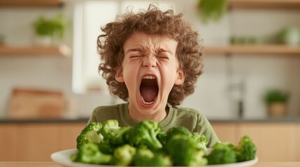 A child expresses exaggerated displeasure while sitting in front of a plate piled high with fresh green broccoli, capturing the common struggle of getting kids to eat vegetables.