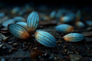 Bioluminescent seed pods glowing subtly after falling into moist rainforest floor natural decay light emission process in realism