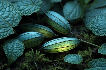 Bioluminescent seed pods glowing subtly after falling into moist rainforest floor natural decay light emission process in realism