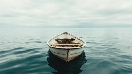 A lonely boat floats serenely on calm waters under a cloudy sky, evoking feelings of solitude, peace, and contemplation amidst nature's vastness.
