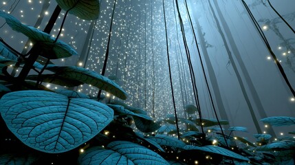 Bioluminescent rainforest night with glowing insects and plants thick vines hanging in fog surreal twilight ambiance in a magical tropical jungle