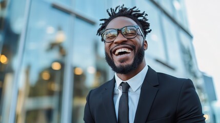 A joyful man in a suit laughs while standing outside a modern building, representing confidence and happiness, capturing a moment of success and positivity in a corporate setting.