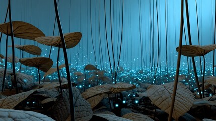 Bioluminescent rainforest night with glowing insects and plants thick vines hanging in fog surreal twilight ambiance in a magical tropical jungle