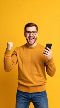 Hombre Emocionado Celebrando con Tel&eacute;fono M&oacute;vil - &Eacute;xito, Victoria, Tecnolog&iacute;a

