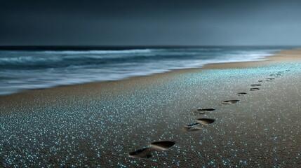 Bioluminescent plankton lighting up footprints a beach captured in realistic low light photography after dark