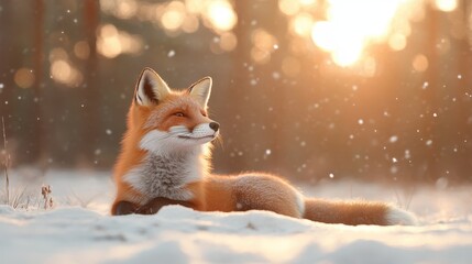 A magnificent red fox lounging in a serene snowy landscape, showcasing its vibrant fur and a tranquil setting, evoking feelings of calmness, beauty, and wildlife appreciation.