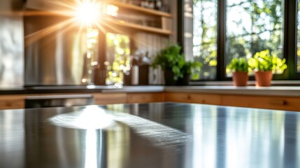 A contemporary kitchen bathed in sunlight features a sleek, stainless steel counter and potted plants, embodying a harmonious blend of modern design and nature.