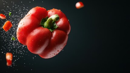 A vibrant red bell pepper appears to be bursting with flavor against a dark background, demonstrating the dynamism of food photography in showcasing freshness.
