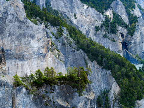Natural monument Ruinaulta canyon and river Vorderrhein near Ilanz, created by the Flims rockslide and an attraction of Graubunden, Switzerland.