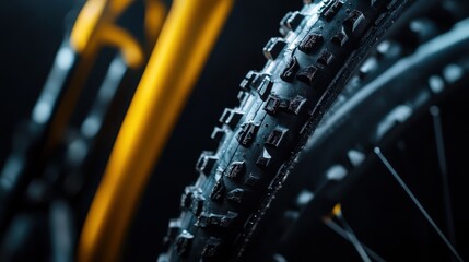 An up-close view of a mountain bike tire showcasing its rugged design and textures, embodying adventure and resilience, perfect for showcasing cycling culture and outdoor activities.