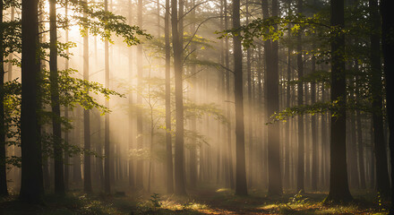 Obraz premium Sunbeams in the Misty Forest: Golden sunbeams pierce through the dense fog of a mystical forest, illuminating the ancient trees and creating a magical, serene atmosphere. 