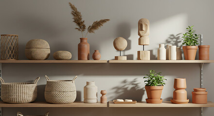 Aesthetic Shelf Decor: A curated display of minimalist d&eacute;cor items, including woven baskets, terracotta vases, and potted plants, artfully arranged on wooden shelves against a neutral backdrop.