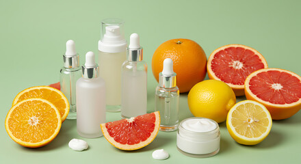 Citrus Beauty Essentials: A vibrant display of cosmetic products alongside fresh citrus fruits, celebrating the natural synergy of skincare and vitality.