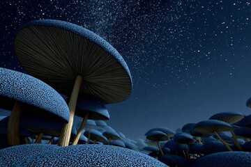 Bioluminescent mushroom valley night giant fungi glowing in soft blues and purples fantasy terrain under stars