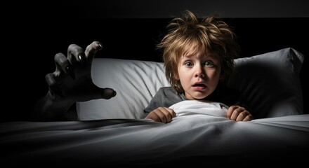 Child kid boy woke up scared in his bed with a monster hand coming out from under his bed. Nightmare and fear of children.
