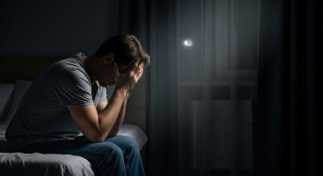 Sad caucasian man sits on bed, covering face with hands in dark bedroom. Concept of nightmare, insomnia, or mental health issue.