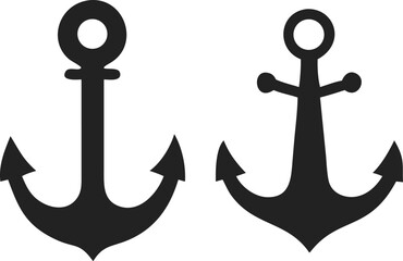 Pair of Black Silhouette Anchors – Traditional Nautical Designs with Circular Tops, Vertical Shafts, and Flukes – One with Single Crossbar and One with Double Crossbars for Marine-Themed Logos, Tattoo
