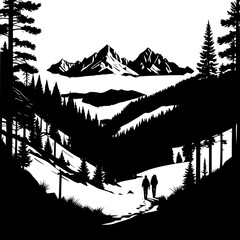 Mountain trail silhouette with hikers, pine forest and village in the valley&rdquo;