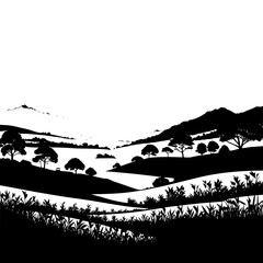 Fototapeta premium Tea garden silhouette with tiny hills and distant village, peaceful countryside vector”