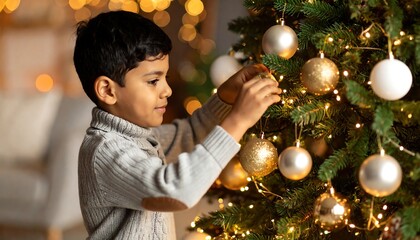 Boy decorating Christmas tree indoors.