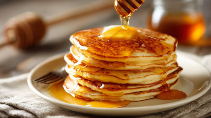 stack of golden brown pancakes drizzled with honey on beige background