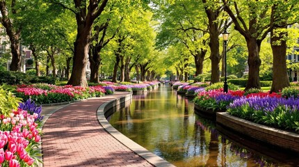 Scenic canal view with colorful flowerbeds and lush trees lining the brick walkway