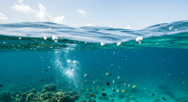 Ocean's Embrace: A captivating split-level underwater photograph reveals the vibrant marine life teeming beneath a tranquil ocean surface, creating a mesmerizing blend of air and water worlds.
