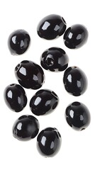 Heap of Shiny Picked Black Olives Floating Isolated on a White Background