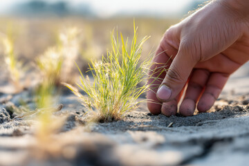 Close-up of sprouting grass over previously barren land, hand gently touching it – symbol of regeneration.