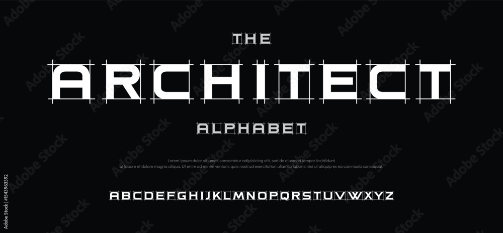 Fototapete architect project font, technical draw style alphabet. geometrical typography. wireframe letters, ty