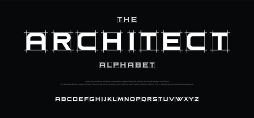 Architect project font, technical draw style alphabet. Geometrical typography. Wireframe letters, typographic design with draft strokes for architecture logo and headline. Isolated vector typeset
