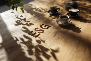 Corporate boardroom table with ESG letters engraved into wood, surrounded by plant shadows and coffee cups.