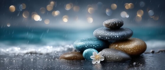 Closeup macro of wet pebbles and stones on surface