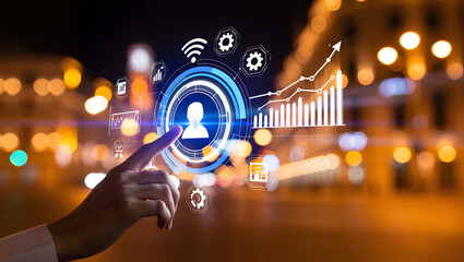 Futuristic Interface Connecting People with Technology for Business Growth and Data Analysis in a Modern Urban Environment at Night