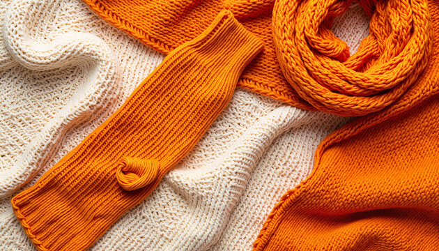 Orange knitted scarf and arm warmer on cozy knitted background, concept of autumn equinox  
