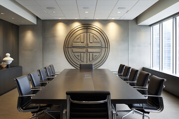 Corporate boardroom with large scale (justice symbol) on wall, minimalistic and serious setting.