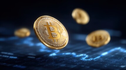 Floating golden bitcoin coins rotating in 3d animation